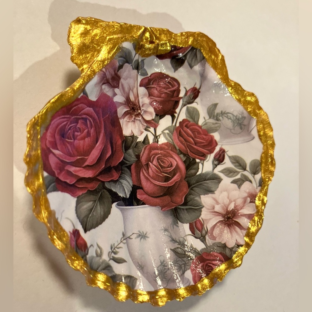 Handcrafted Shell Decoupage Decor or Ornament Valentines Rose - Picture 2 of 3
